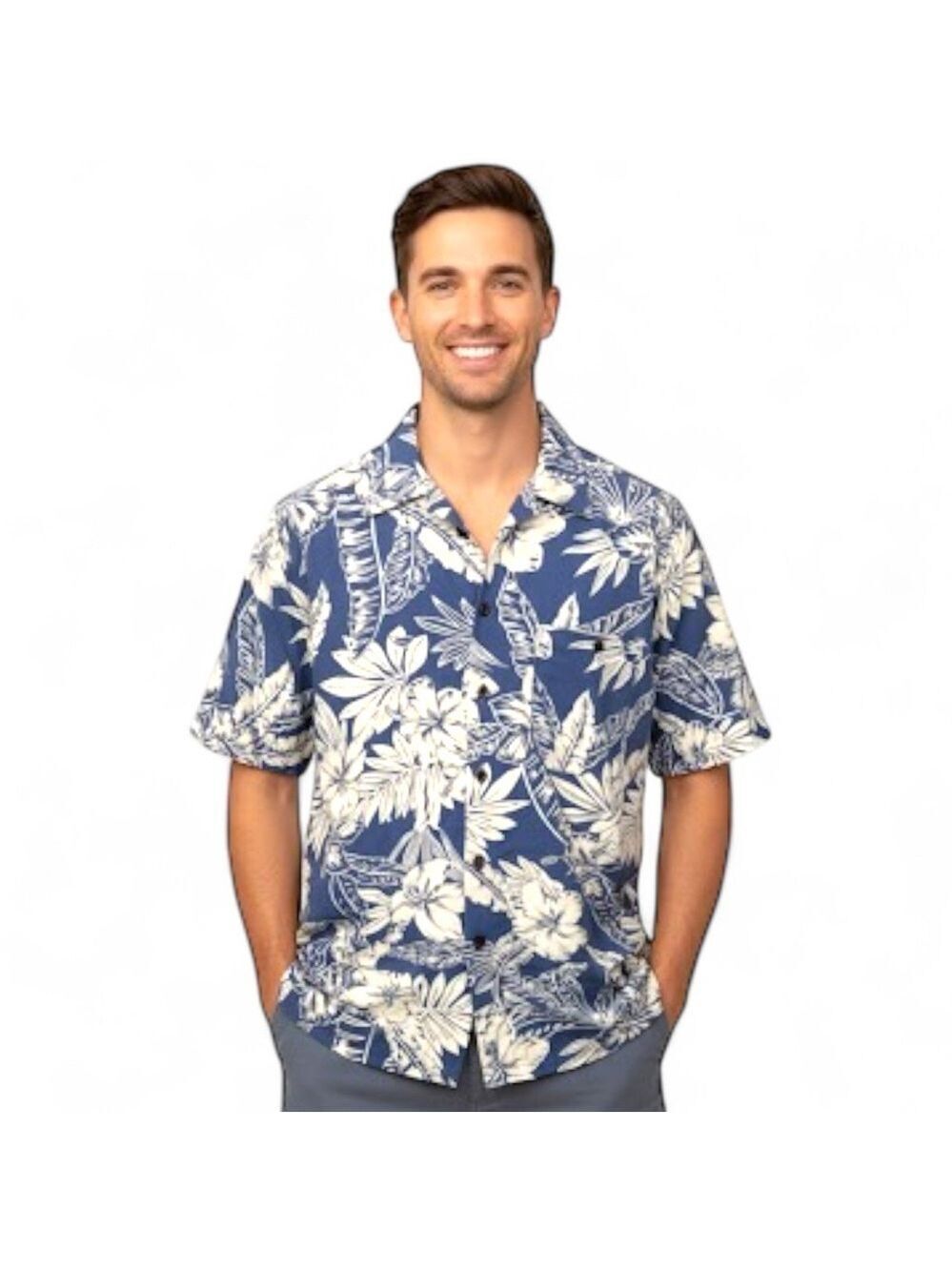 Monticerutti Men’s Size M Blue White Hawaiian Tropical Short Sleeve Shirt